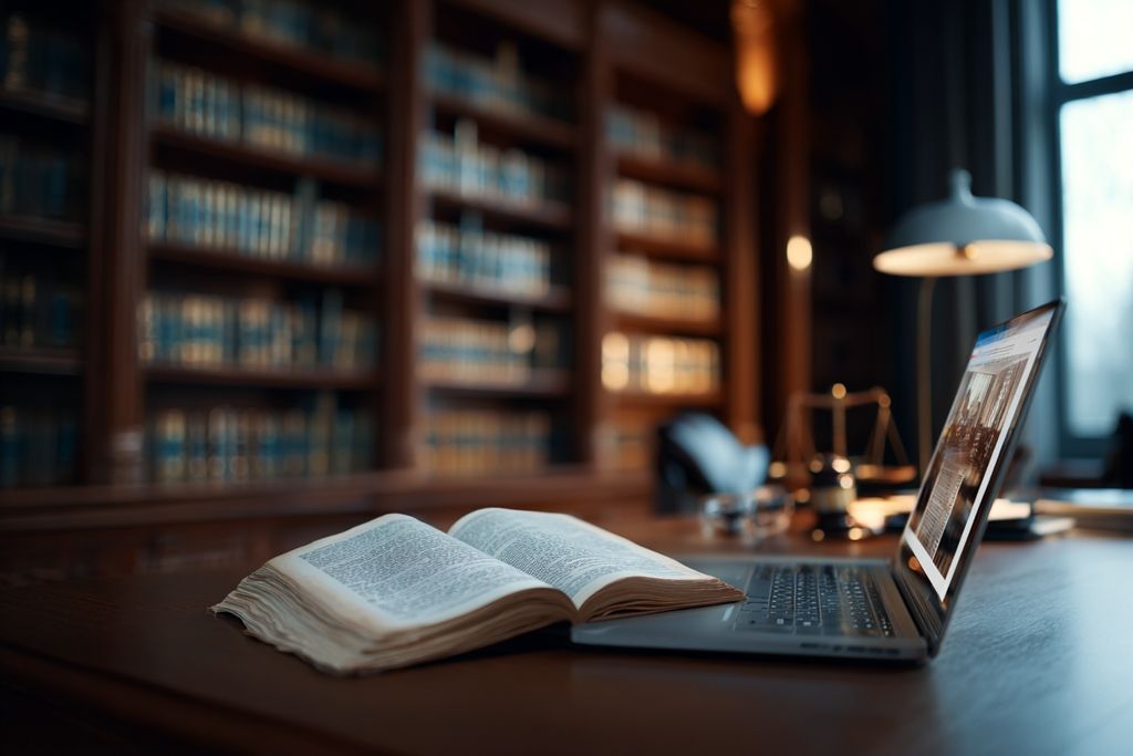 Cadre de bureau paisible avec un ordinateur portable affichant un site juridique, symbolisant une étude sur la protection de la propriété intellectuelle.