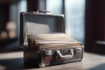 Vue intérieure d'une mallette ouverte contenant des documents cruciaux pour le transfert d'une entreprise, située dans un bureau.
