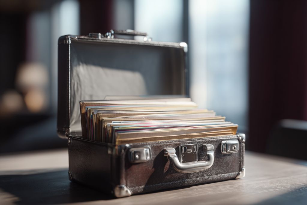 Vue intérieure d'une mallette ouverte contenant des documents cruciaux pour le transfert d'une entreprise, située dans un bureau.