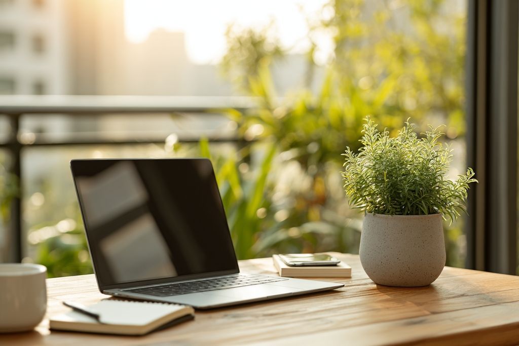 Bureau organisé avec ordinateur portable, bloc-notes et plante pour une ambiance paisible