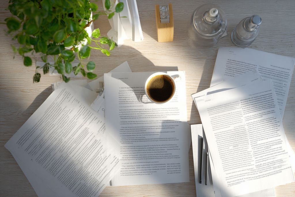 Vue supérieure d'un bureau avec documents organisés, café et plante pour symboliser la sérénité dans la prise de décision