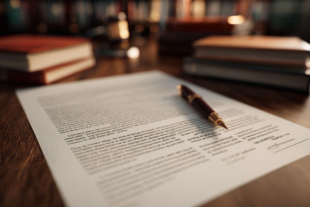 Image d'un contrat avec clauses importantes en surbrillance, posé sur un bureau en bois à côté de livres de droit.