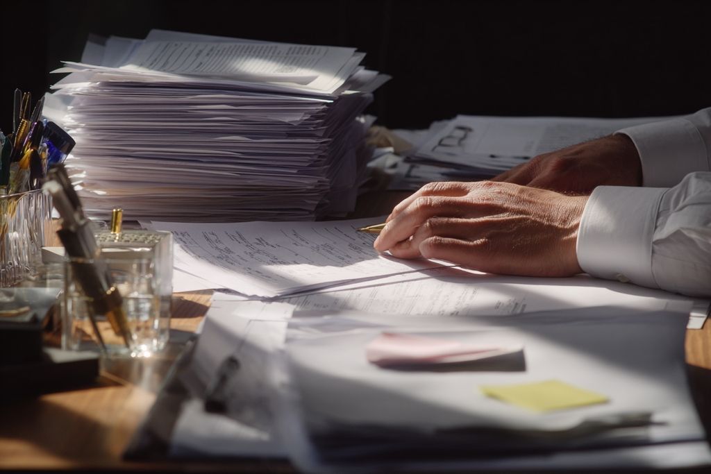Mains de personne examinant des états financiers entourés de documents bien organisés et de fournitures de bureau.