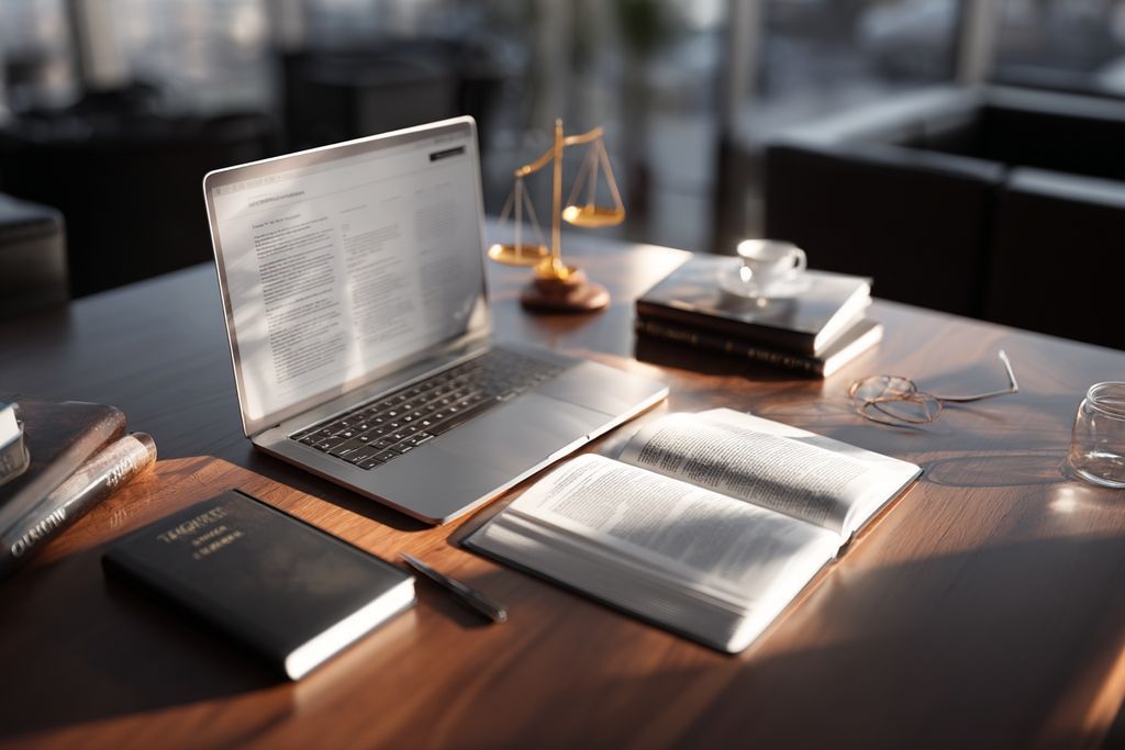 Environnement de bureau paisible avec ordinateur portable et ressources juridiques, symbolisant la préparation à la contestation de décisions.