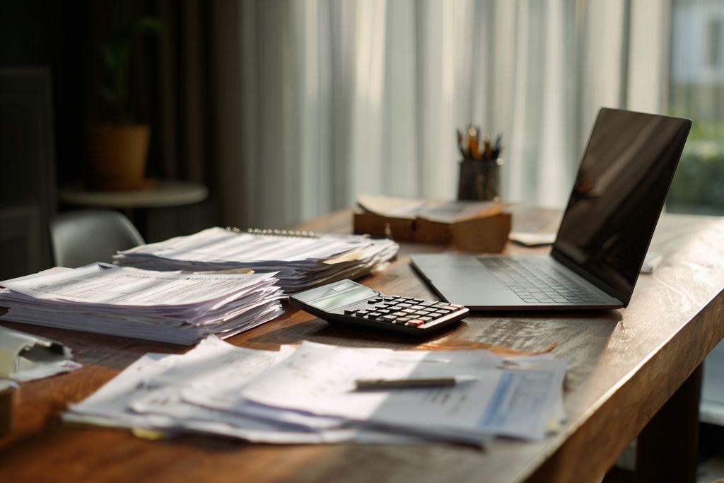 Un espace de travail bien rangé avec des papiers financiers, une calculatrice et un ordinateur portable reflétant une ambiance professionnelle.