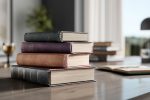 Une pile de livres et de ressources sur le droit d'auteur sur une table luisante dans un environnement de bureau.