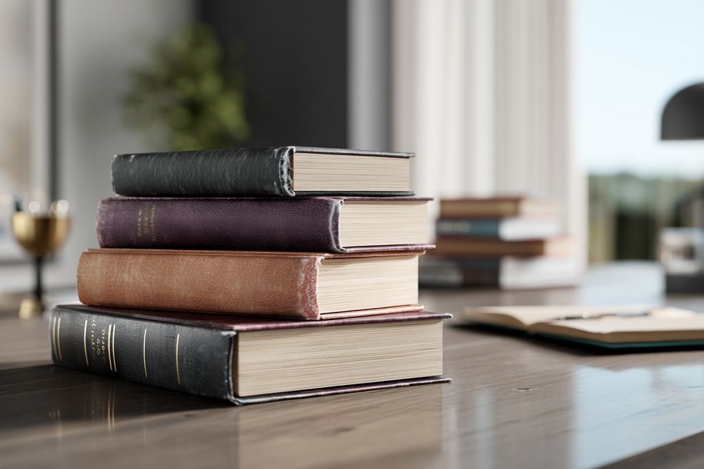 Une pile de livres et de ressources sur le droit d'auteur sur une table luisante dans un environnement de bureau.
