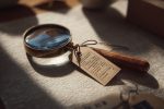 Loupe inspectant une étiquette pour comparer la qualité des produits véritables et contrefaits.