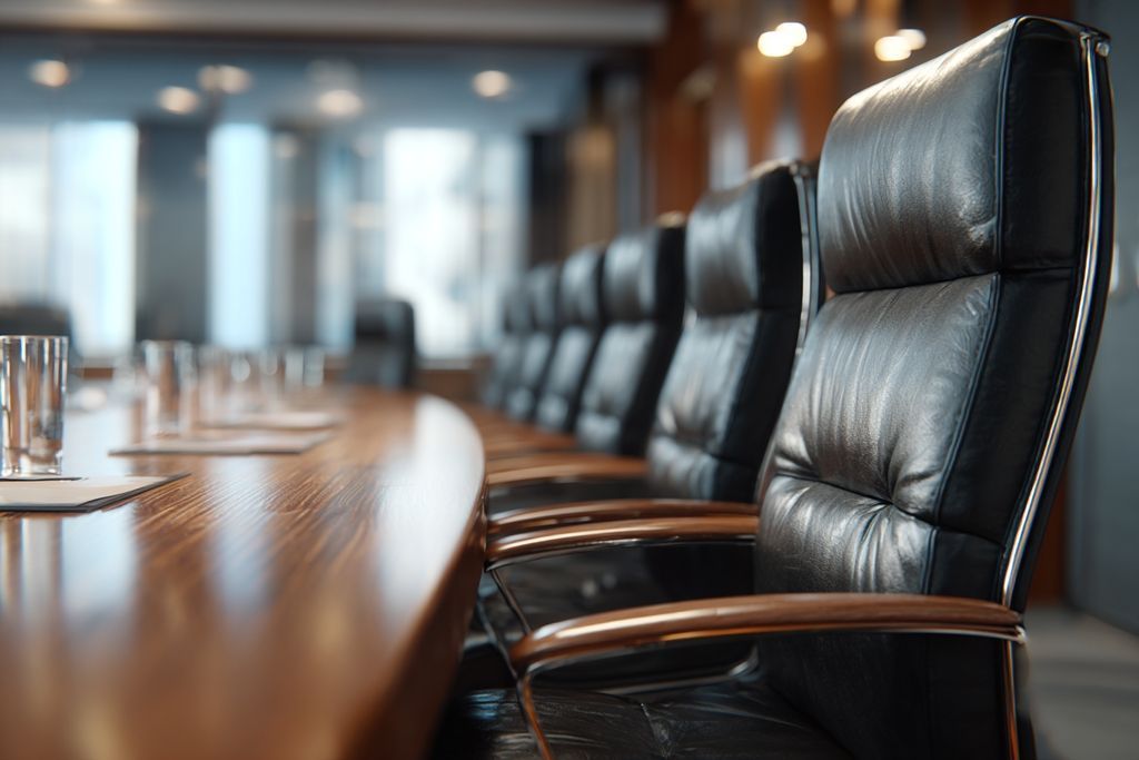 Image d'une salle de conférence sans activité, illustrant une interruption des réunions avec les chaises alignées.