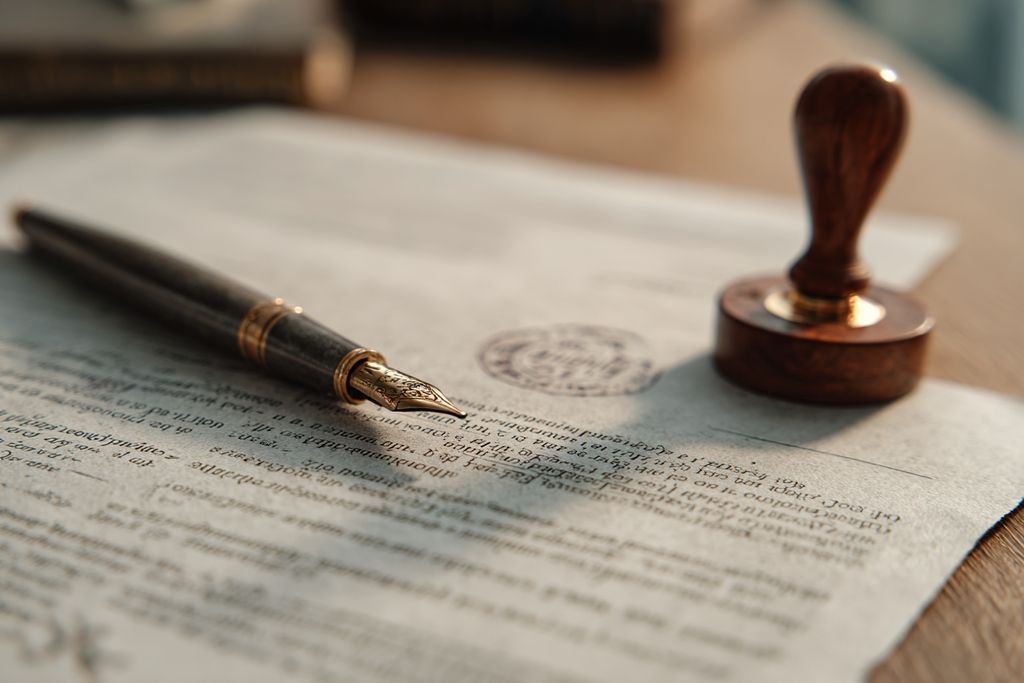 Vue rapprochée de documents juridiques sur une table avec un stylo et un tampon
