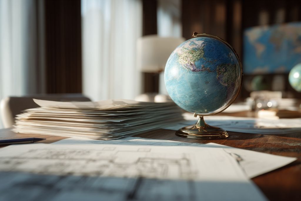 Un bureau moderne illustrant l'innovation internationale avec des plans et une mappemonde.
