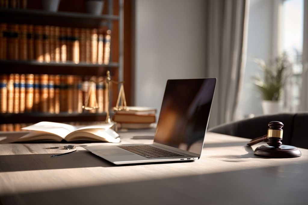 Ordinateur portable dans un bureau calme montrant des ressources légales pour résoudre des litiges.