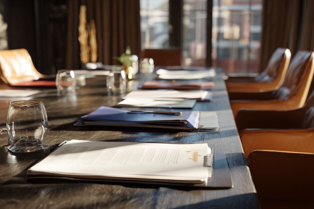 Espace de réunion propice à la négociation avec documents étalés sur une grande table.