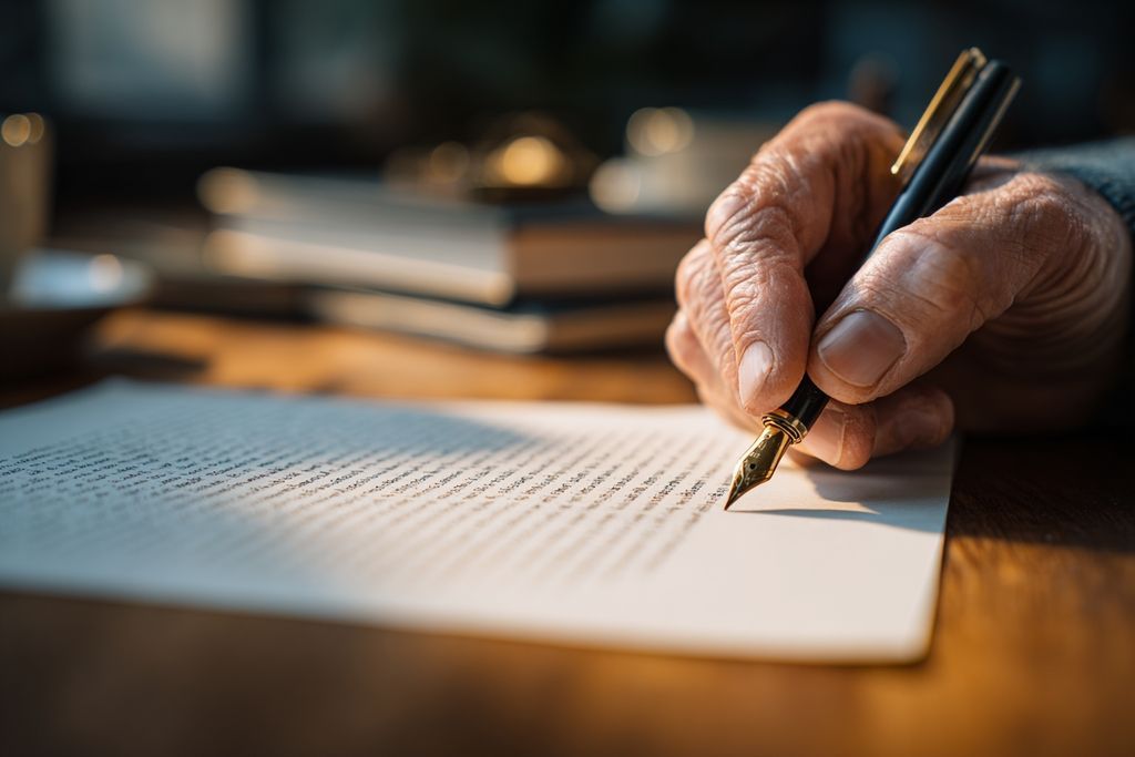 Détails des mains révisant un document juridique sur une surface en bois
