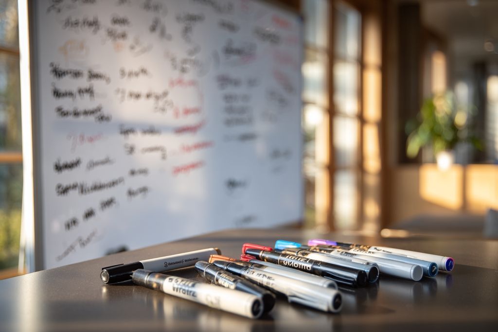 Image d'un tableau blanc couvert de stratégies de négociation, avec des stylos et des marqueurs à proximité.
