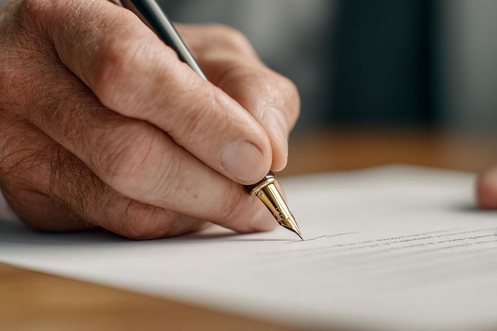 Main signant un document crucial montrant l'autorité en affaires.