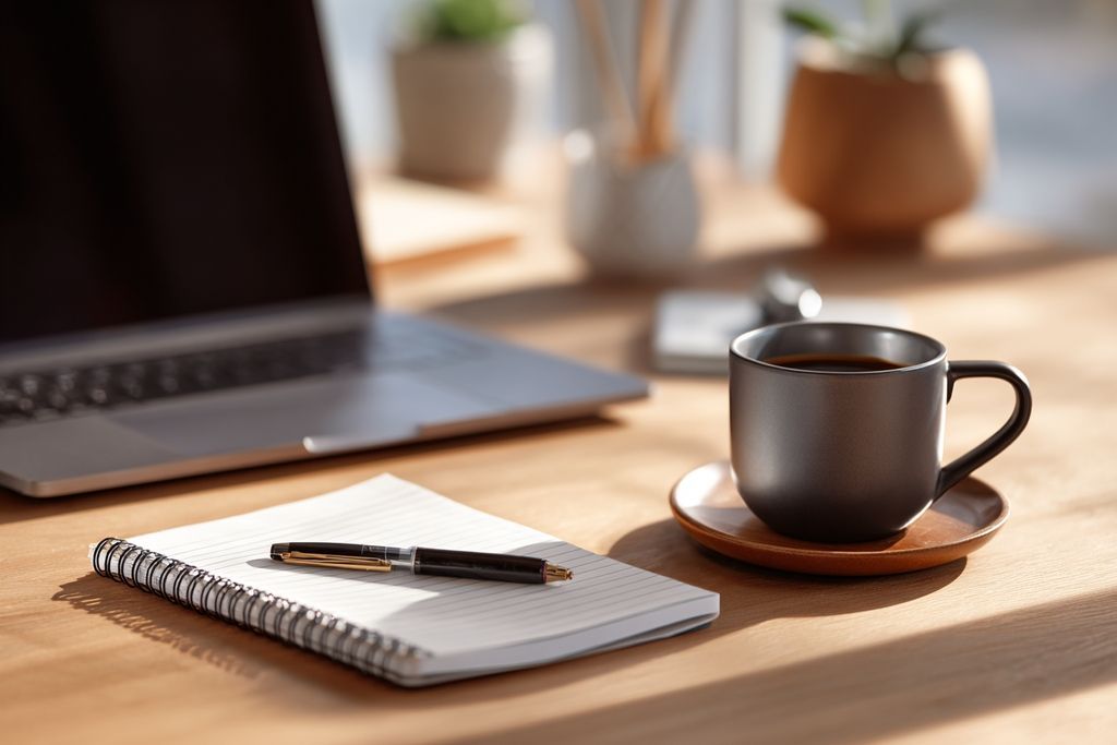 Image d'un bureau organisé avec un ordinateur portable, un carnet et un café pour illustrer une stratégie proactive.