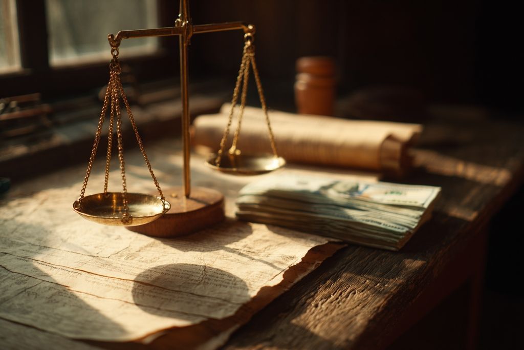 Photo de la balance pesant argent contre documents juridiques en vue aérienne