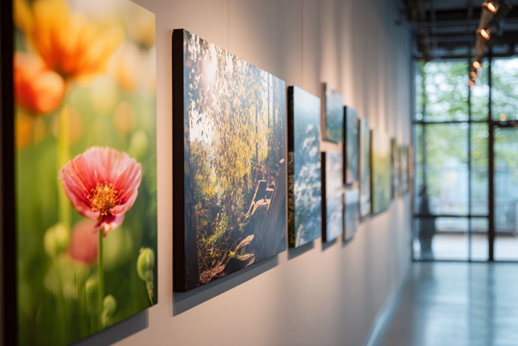 Une galerie illuminée affichant des photographies diverses pour mettre en avant la nécessité des lois sur la conservation de l'art.