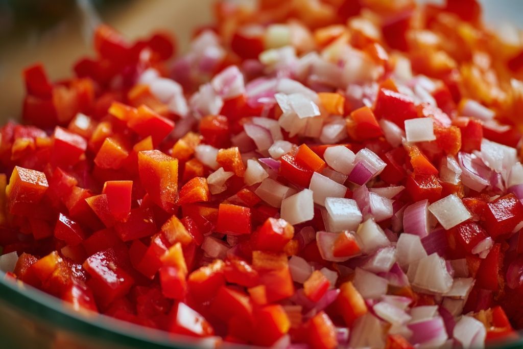 Un mélange varié et coloré de dés de poivron rouge, d'oignons finement hachés et de tomates concassées dans un bol