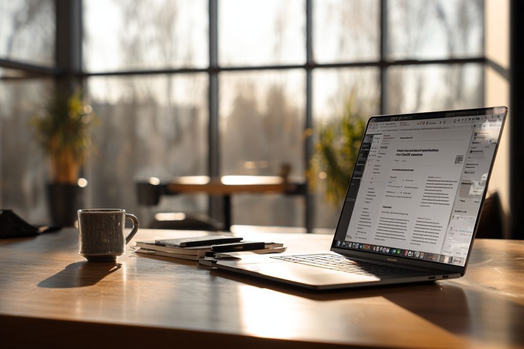 Bureau tranquille avec ordinateur portable montrant un guide sur la radiation des entreprises