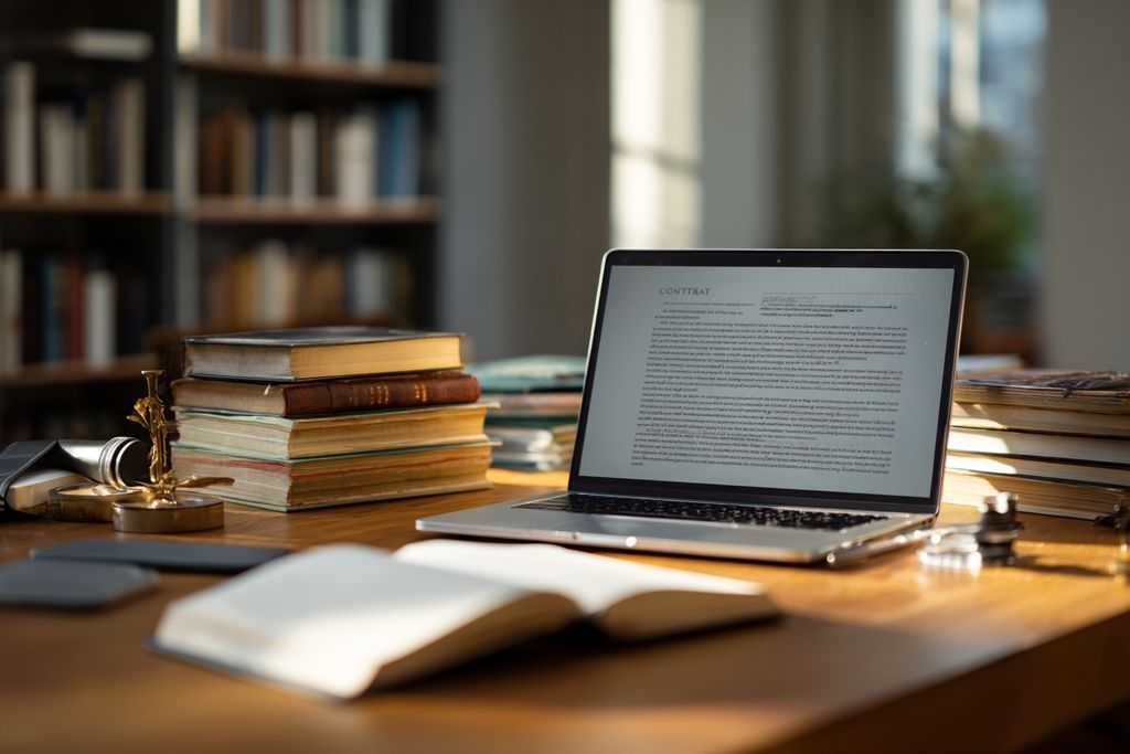 Bureau avec ordinateur ouvert sur un modèle de contrat et livres juridiques.