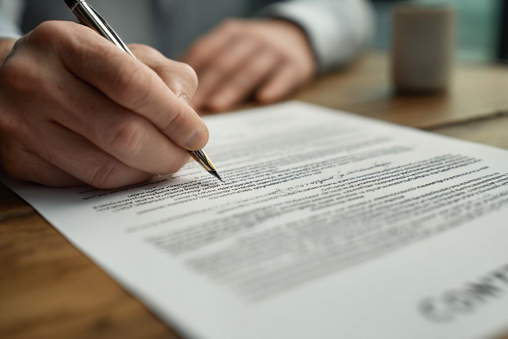 Mains tenant un contrat avec des sections mises en évidence pour illustrer la diligence et la transparence juridiques.