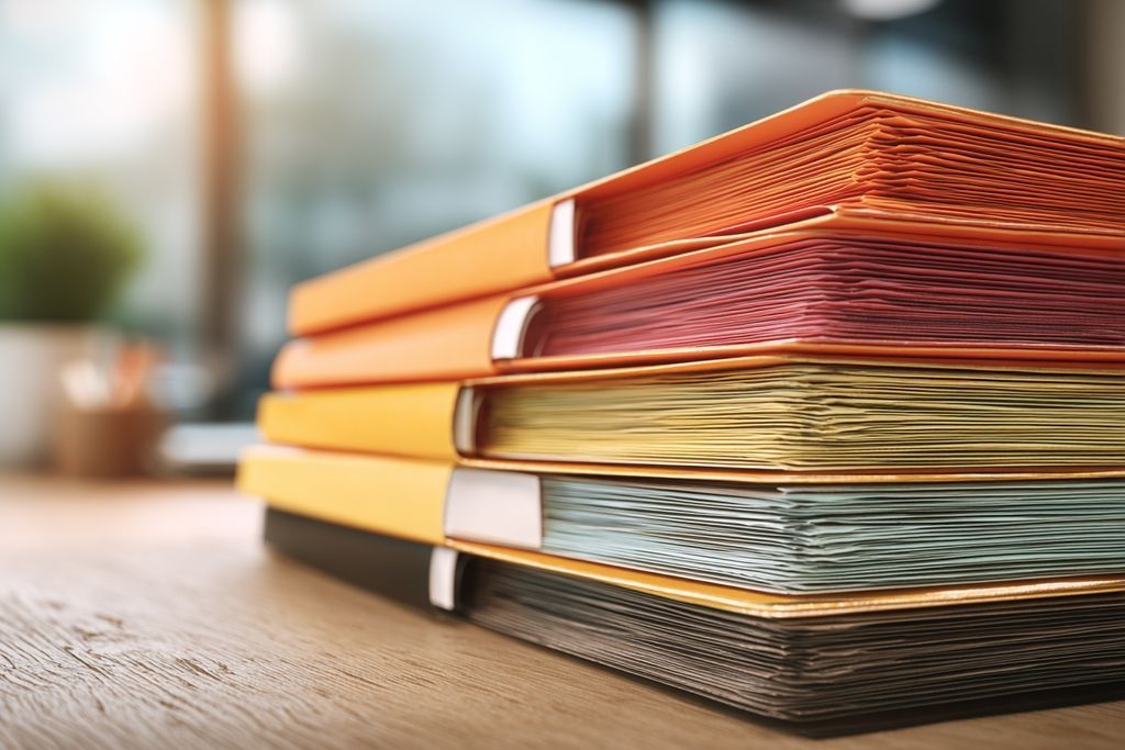 Pile de dossiers étiquetés pour les incitations et déductions fiscales organisée sur une table
