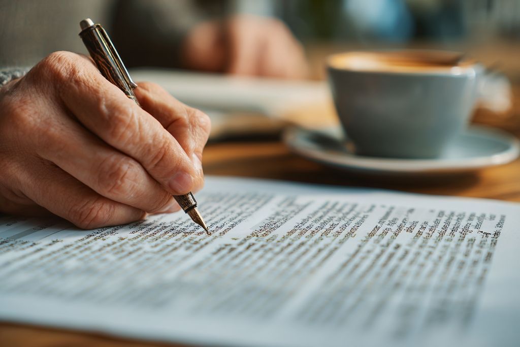 Les mains analysent attentivement un rapport fiscal détaillé avec des annotations et une tasse de café à l'arrière-plan.