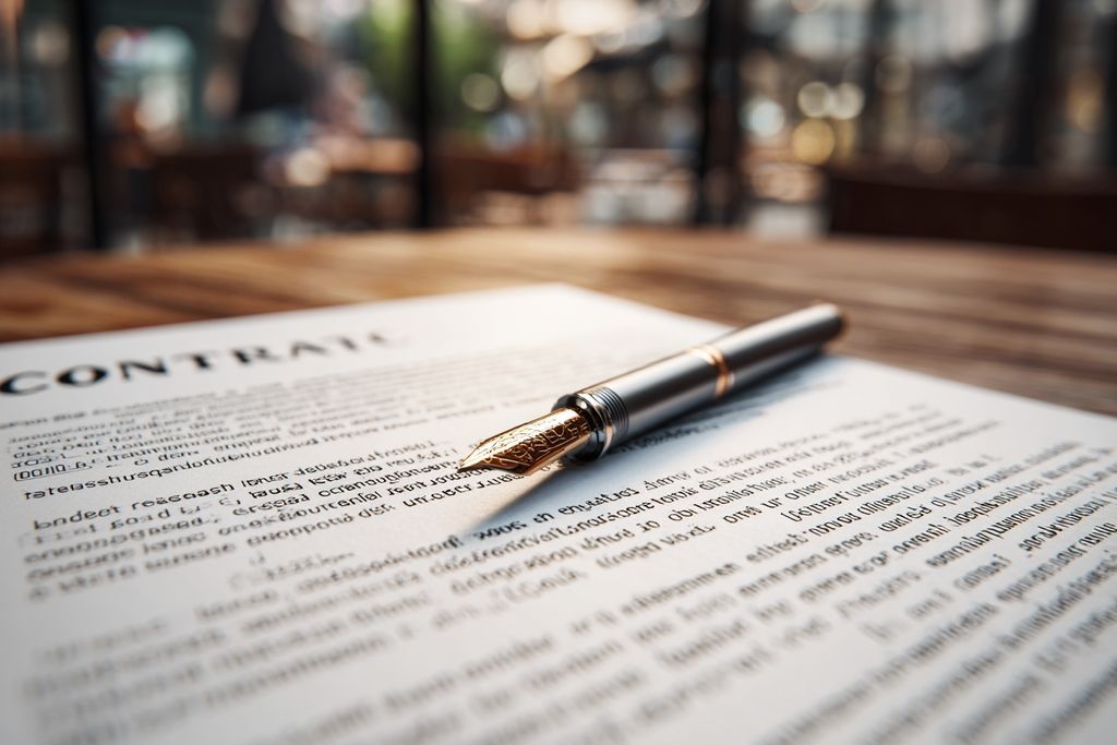 Vue en détail d'un document contractuel avec sections surlignées et un stylo pour la signature.
