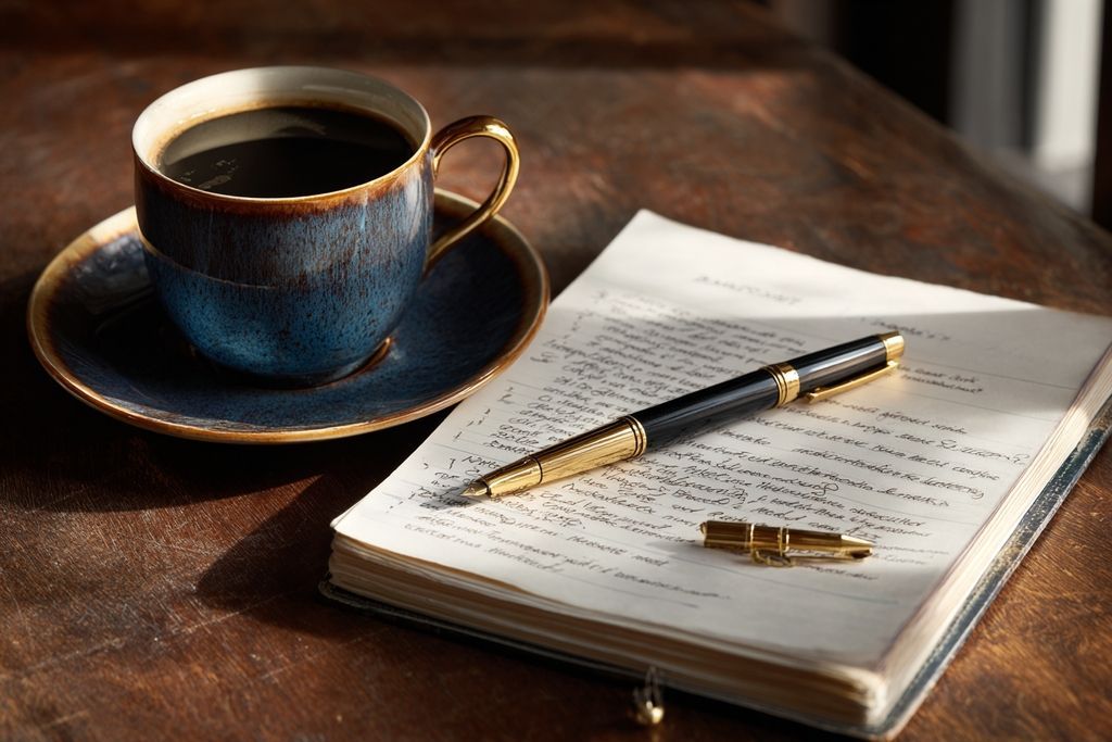 Vue en plongée d'un cahier avec des stratégies de marque, un café chaud et un stylo pour le droit