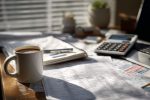 Bureau bien structuré avec documents financiers et café pour la préparation fiscale
