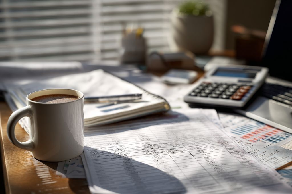 Bureau bien structuré avec documents financiers et café pour la préparation fiscale