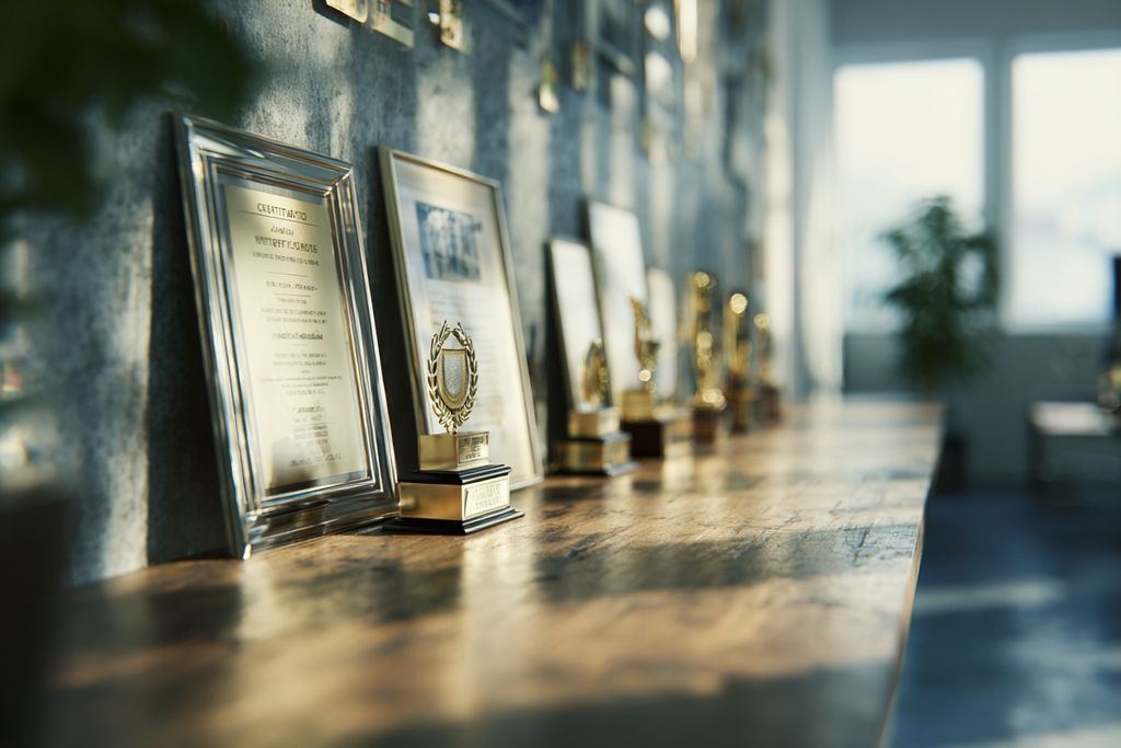Un bureau raffiné orné de distinctions et de certifications conformes aux normes et aux meilleures pratiques.