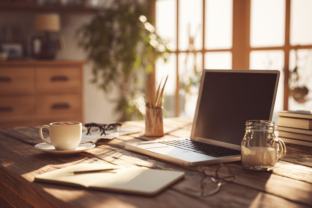 Image d'une configuration de bureau tranquille avec un ordinateur portable et un café, illustrant une gestion des droits réfléchie.