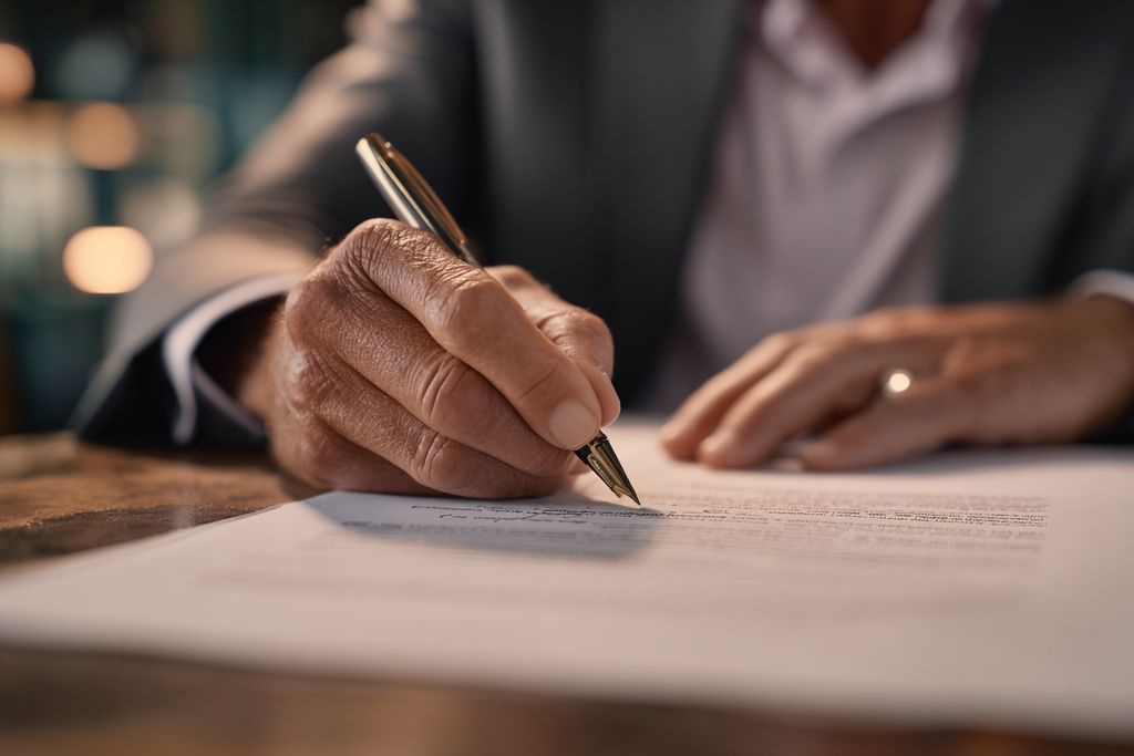 Un professionnel en affaires, confiant, examine les termes d'un bail avec un stylo prêt à signer.
