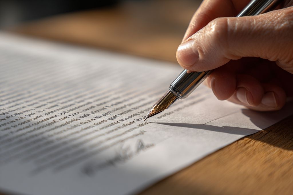 Main avec stylo sur contrat montrant la tension des obligations légales changeantes