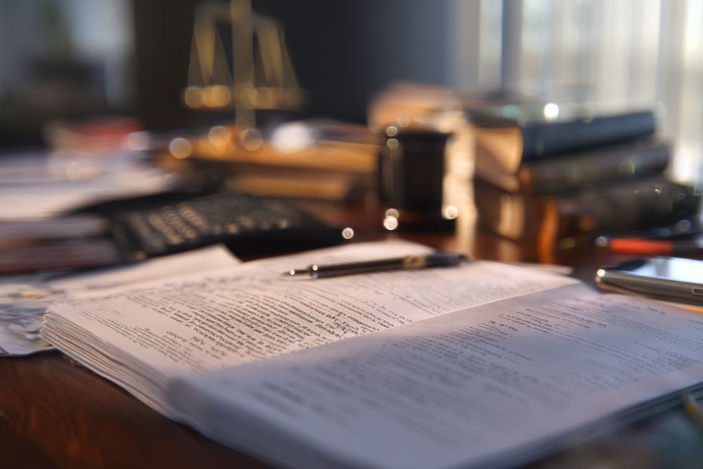 Bureau rempli de livres de droit et d'outils comptables reflétant la difficulté des règlements fiscaux pour les entreprises.