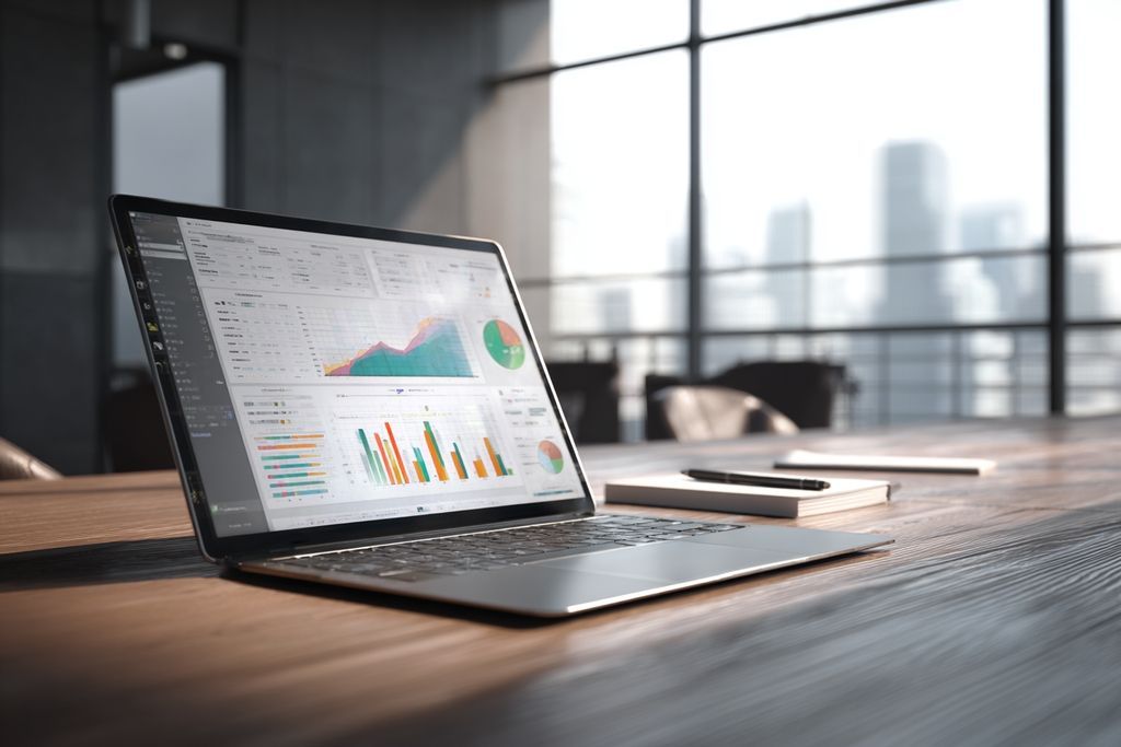 Ordinateur sur un bureau montrant des graphiques de gestion financière pour ONG