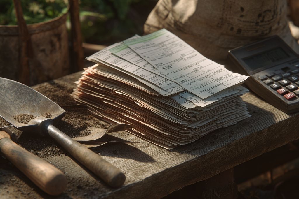 Image montrant des documents financiers et des outils de ferme pour l'administration agricole