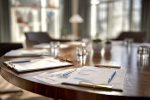 Salle de conférence professionnelle avec table ronde et documents sur les stratégies fiscales