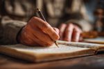 Image des mains concentrées sur l'écriture dans un registre illustrant la précision