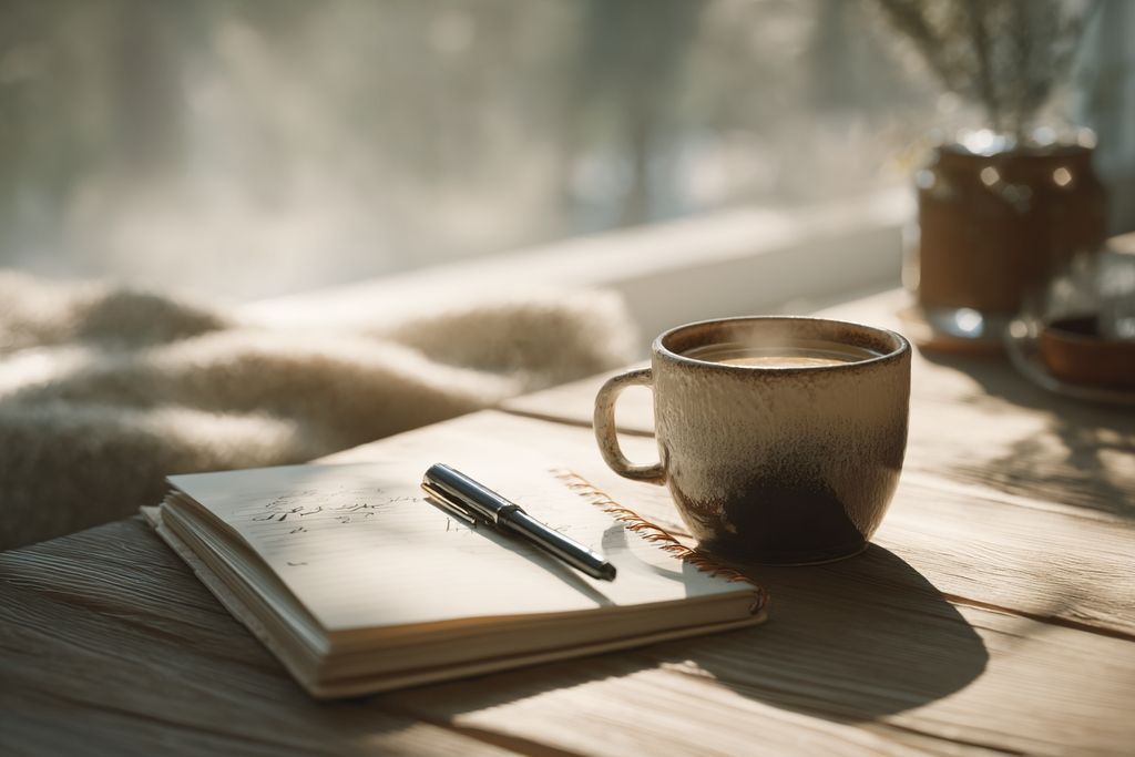 Image d'un espace tranquille mettant en valeur un carnet, un stylo et une tasse de café pour la stratégie des biens immatériels.