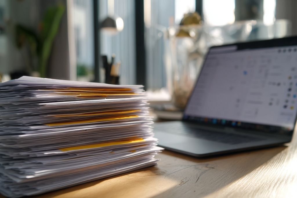 Piles de dossiers d'actifs immobiliers avec un ordinateur portable et un logiciel fiscal
