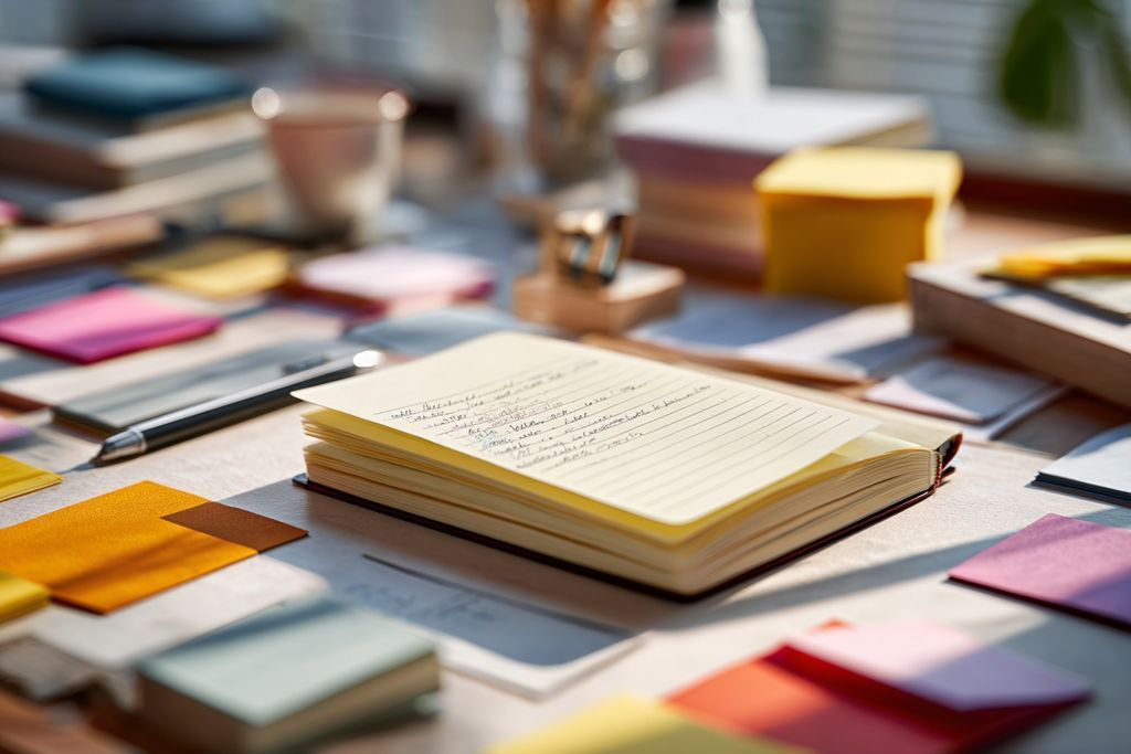 Cahier avec notes sur allègements fiscaux, entouré de fournitures pour séances de réflexion