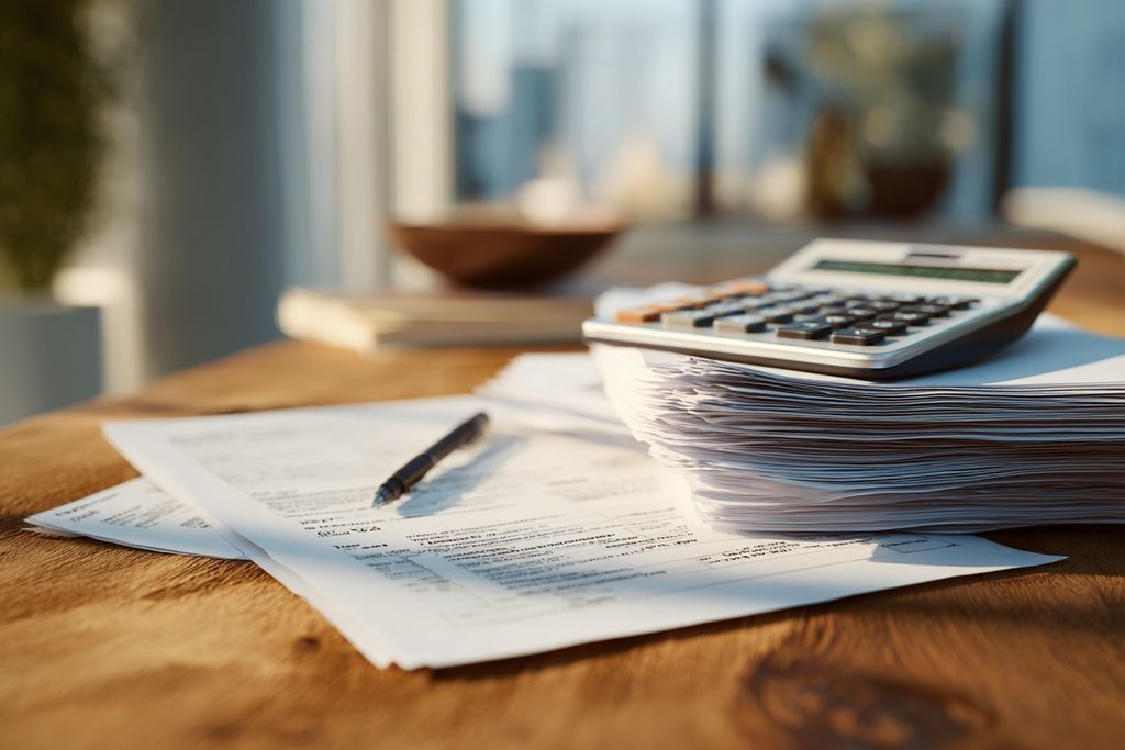 Détail de papiers légaux et calculs pour indemnisation bail commercial sur bureau en bois