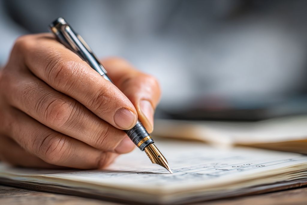 Main avec stylo sur un registre, réfléxion sur les décisions financières