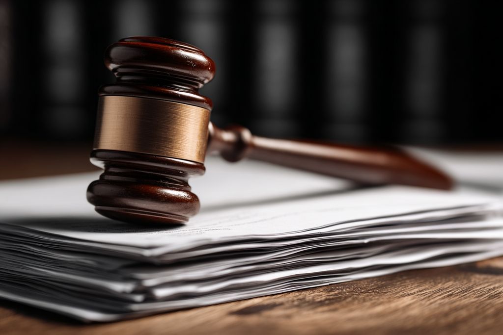 Un marteau sur des papiers juridiques illustrant l'autorité dans le droit