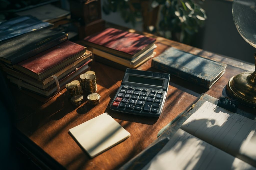 Un bureau avec des outils juridiques comme calculatrices et notes pour préparation de consultation