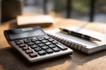 Disposition d'une calculatrice, d'un stylo et d'un bloc-notes pour la planification financière stratégique immobilière.